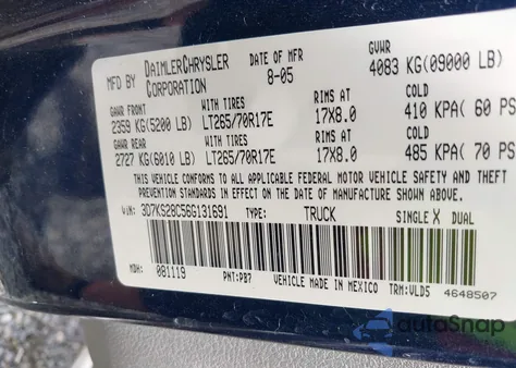 2006 Dodge Ram 2500 Laramie из США, поврежденный, VIN 3D7KS28C56G131691